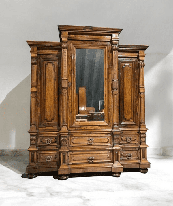 Huge Antique Dutch Renaissance Breakfront Armoire Triple Wardrobe Hall Linen Cupboard