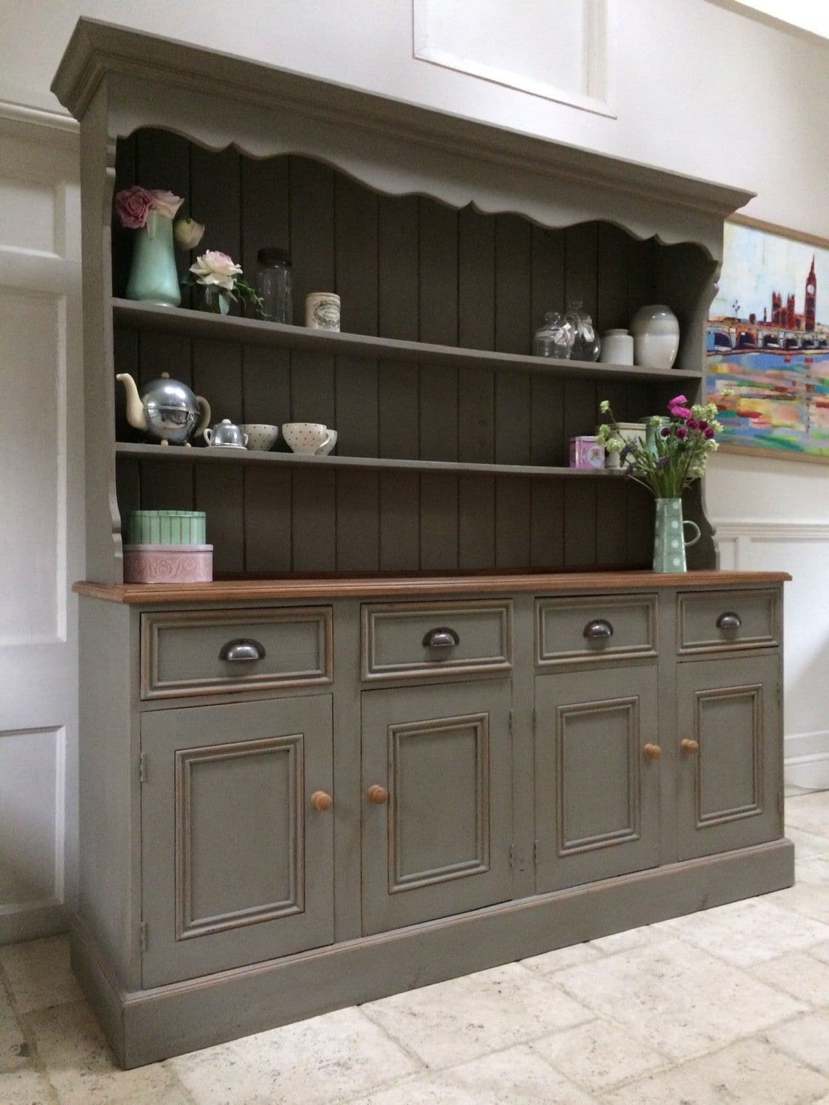 Large 6ft Hand Painted Solid Pine Painted Grey Welsh Dresser Sideboard  Server