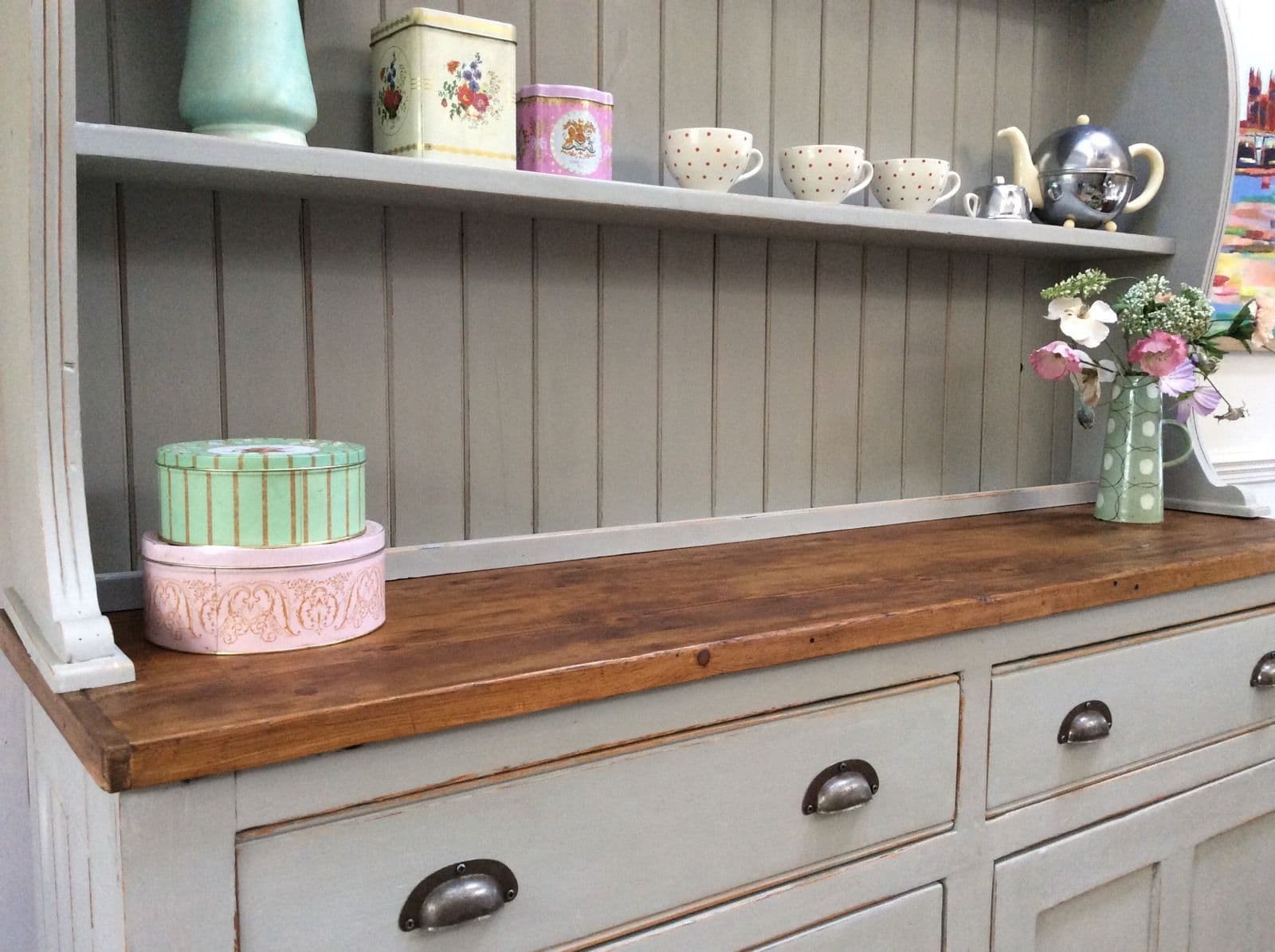 Large Painted Grey Vintage Solid Pine Welsh Dresser Sideboard Kitchen  Cabinet