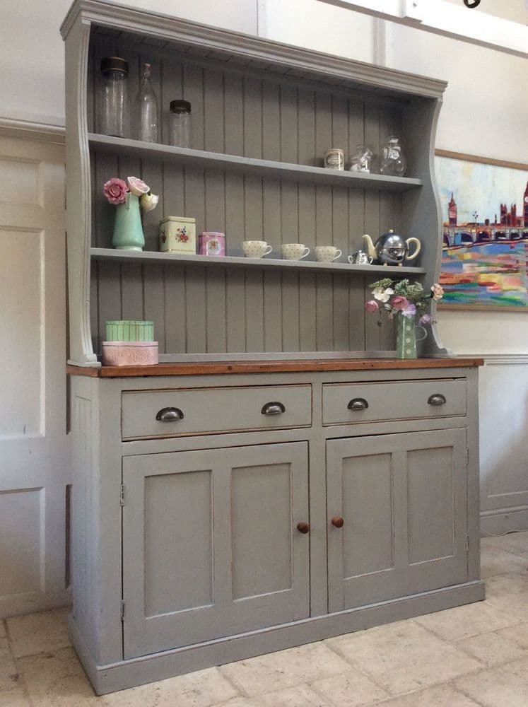 Large Painted Grey Vintage Solid Pine Welsh Dresser Sideboard Kitchen Cabinet Large Painted Grey Vintage Solid Pine Welsh Dresser Sideboard Kitchen Cabinet