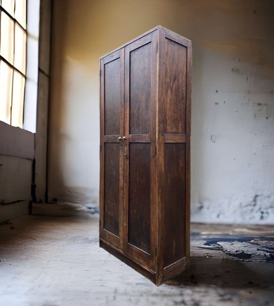 Tall Vintage Oak & Plywood School Larder Storage Cupboard