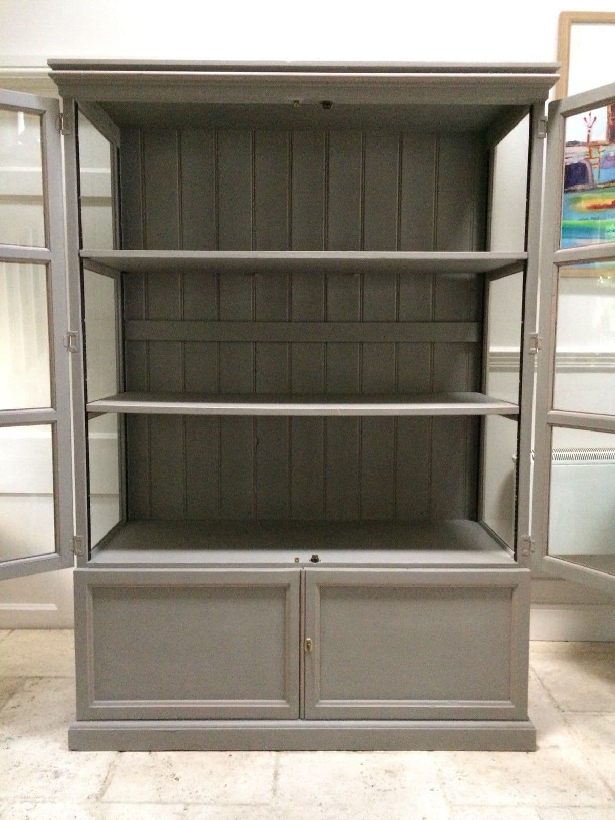 Vintage Glazed Grey Painted Display Glass Cupboard Bookcase