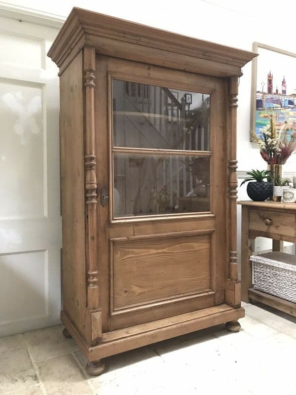 Vintage Pine European Early C20th Glazed Armoire Display Drinks Kitchen Cabinet