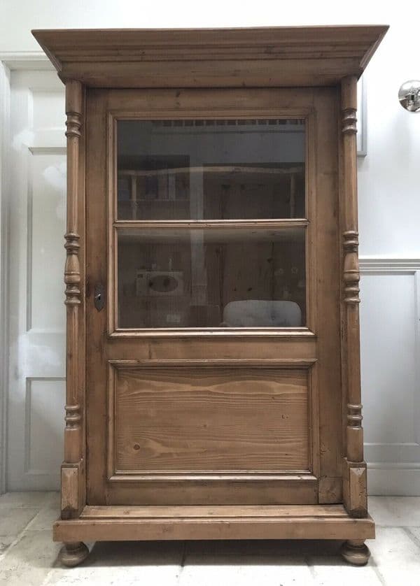 Vintage Pine European Early C20th Glazed Armoire Display Drinks Kitchen Cabinet