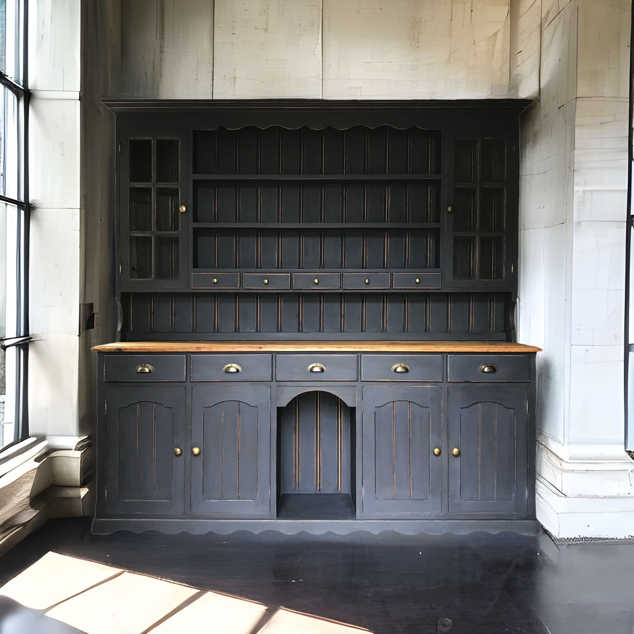 Vintage Pine Navy Painted Glazed Welsh Dresser Kitchen Cabinet