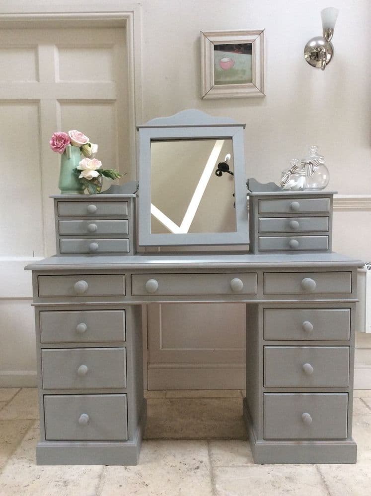 grey vintage dressing table ON HOLD | Antique Painted French Blue & Grey Vanity Dresser W/ Mirror |  Painted Distressed Makeup Table | Painted Shabby Chic Furniture
