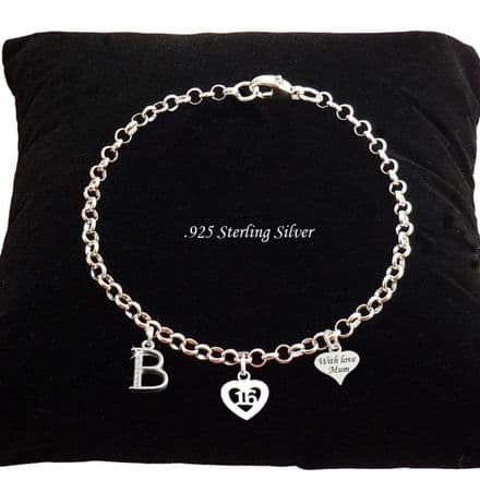 16th Birthday Sterling Silver Charm Bracelet with Letter Charm, Any Engraving