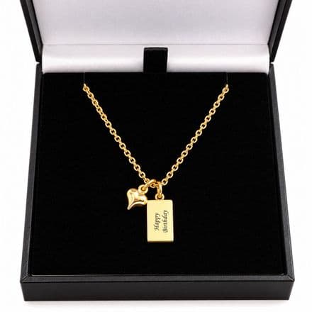 18k Gold Plated Necklace with Any Engraving, Personalised Rectangle Pendant & Puffed Heart