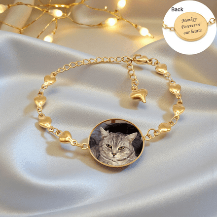 18k Gold Plated, Photo Bracelet with Engraving, Adjustable, Personalised Gift