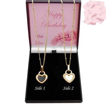 18k Gold Plated Reversible Heart Necklace, White or Black, Gift Boxed