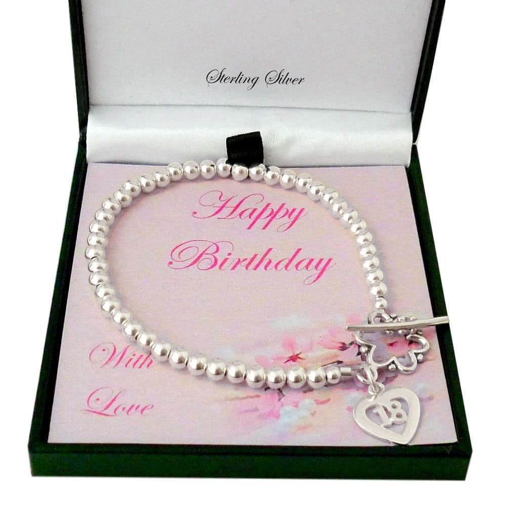 18th Birthday Bracelet, Silver Beads, Flower Clasp Jewels Girls
