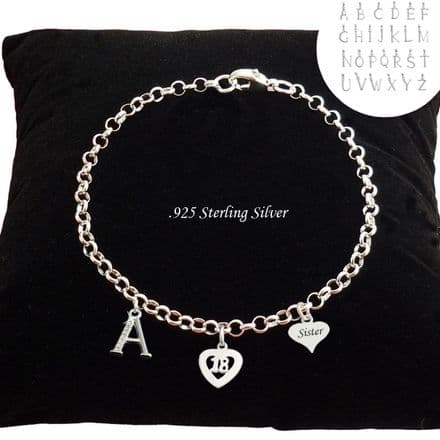 18th Birthday Sterling Silver Charm Bracelet with Letter Charm, Any Engraving