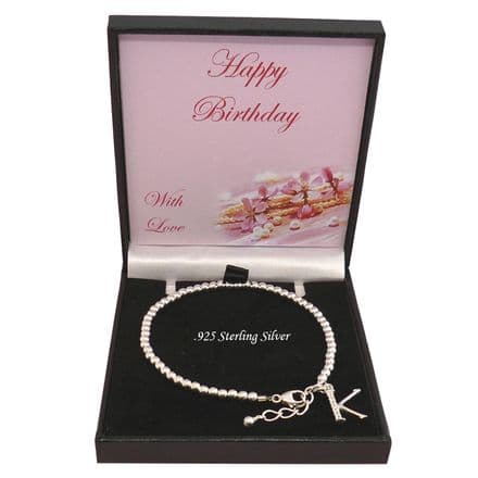 925 Silver Beads Bracelet with Letter Charm, Gift for a Woman or Girl