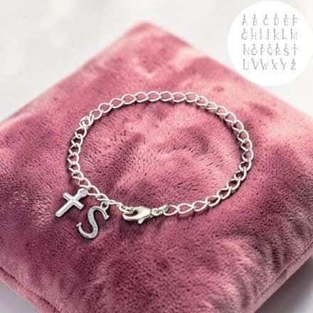 925 Silver Charm Bracelet with Cross Charm & Letter