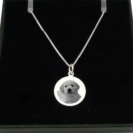 925 Silver Round Photo Necklace with Pet, Cat, Dog Photo Engraved