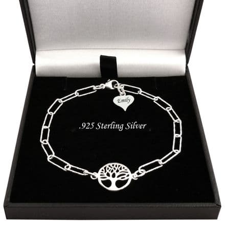 925 Silver Tree of Life, Paperclip Chain Bracelet, Personalised Engraving, Gift for Women