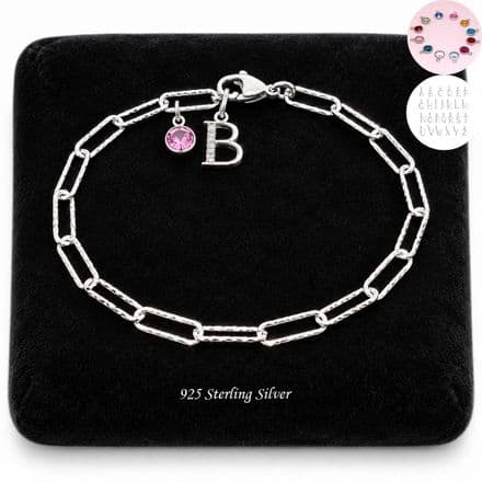 925 Sterling silver, Birthstone Bracelet with Letter Charm, Paperclip Chain