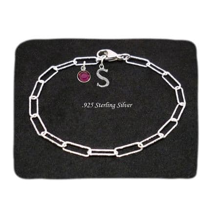 925 Sterling silver, Birthstone Bracelet with Letter Charm, Paperclip Chain