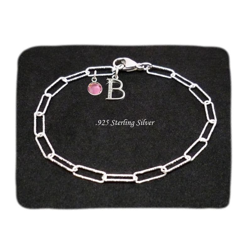 925 Sterling silver, Birthstone Bracelet with Letter Charm, Paperclip Chain | Jewels 4 Girls