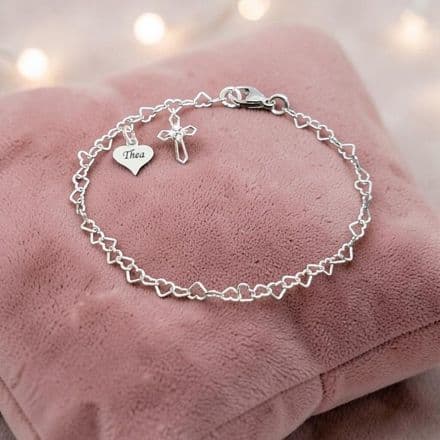 925 Sterling Silver Bracelet, Cross Charm, Engraved, Girls First Communion Gift