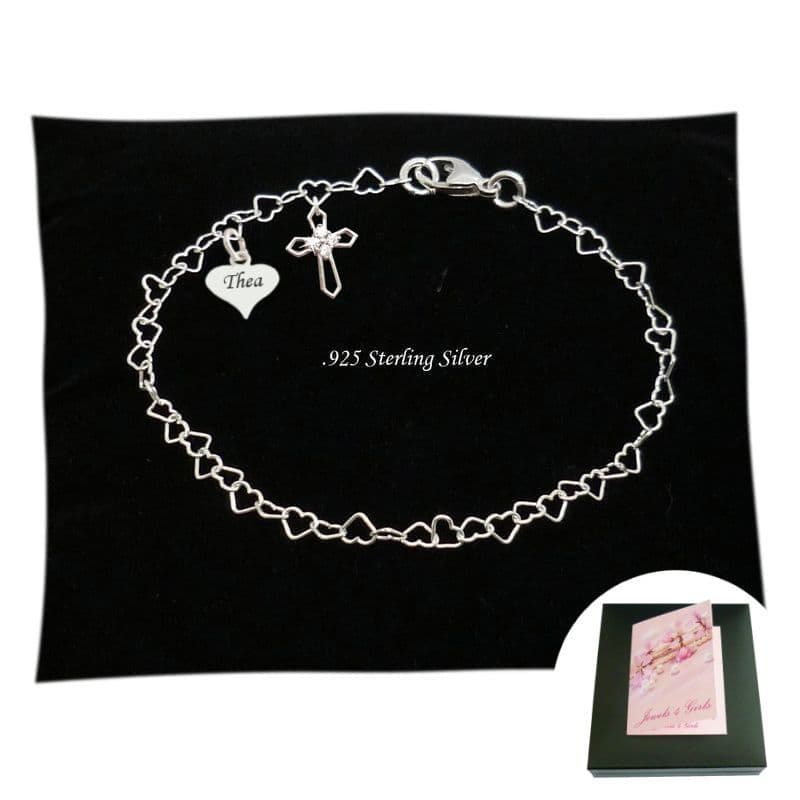 925 Sterling Silver Bracelet, Cross Charm, Engraved, Girls First Communion Gift| Jewels 4 Girls