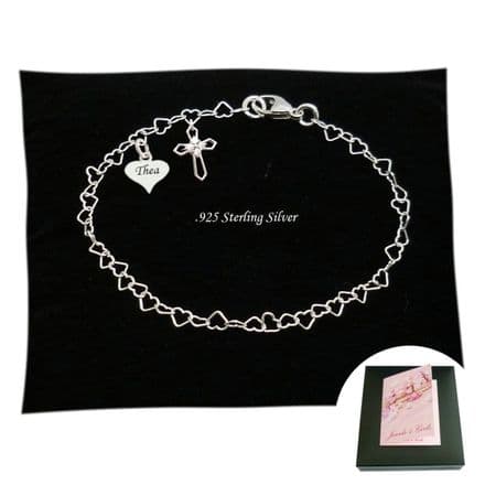 925 Sterling Silver Bracelet, Cross Charm, Engraved, Girls First Communion Gift