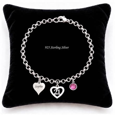 925 Sterling Silver Bracelet, Gift for Age 16, 18 or 21, Birthstone Charm and Engraved Tag