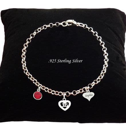 925 Sterling Silver Bracelet, Gift for Age 16, 18 or 21, Birthstone Charm and Engraved Tag