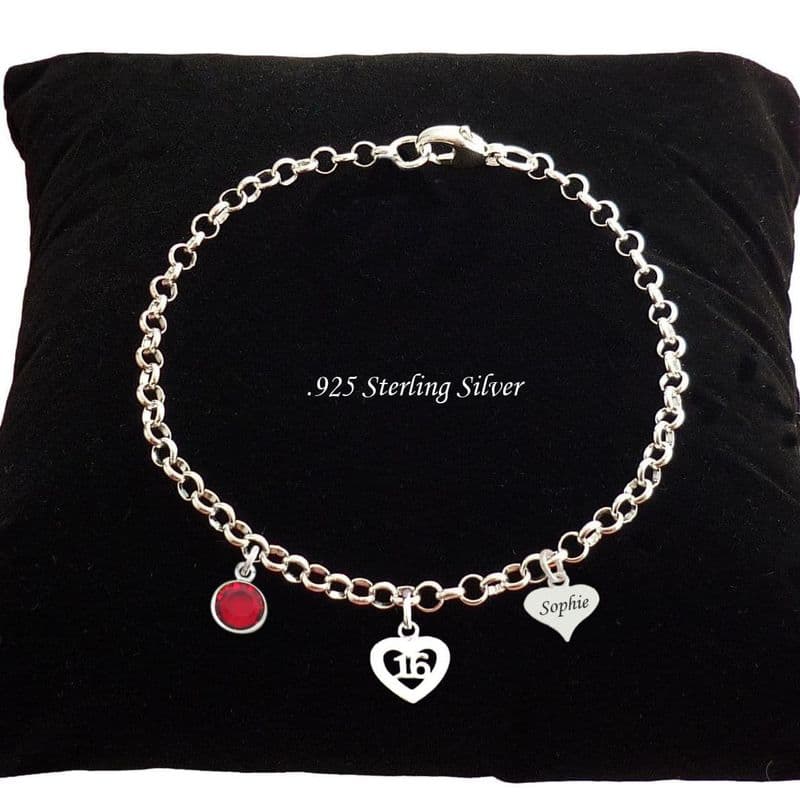 925 Sterling Silver Bracelet, Gift for Age 16, 18 or 21, Birthstone Charm and Engraved Tag | Jewels 4 Girls