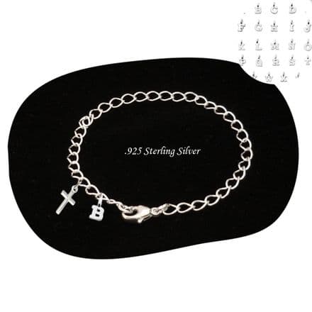 925 Sterling Silver Bracelet with Letter & Cross Charms,  First Holy Communion Gift