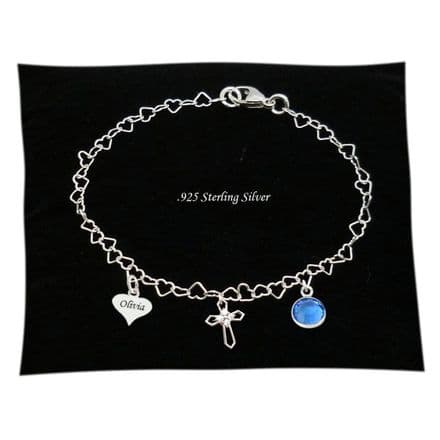 925 Sterling Silver Chain Bracelet, Birthstone, Cross and Personalised Engraving
