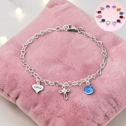 925 Sterling Silver Chain Bracelet, Birthstone, Cross and Personalised Engraving