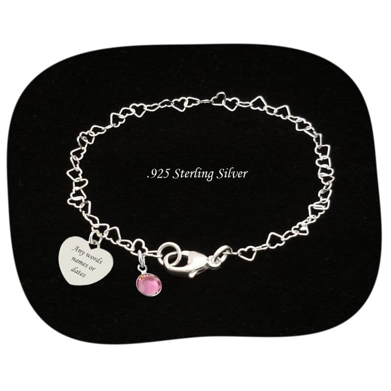925 Sterling Silver Chain Bracelet, Birthstone,  Personalised Engraving on Heart| Jewels 4 Girls