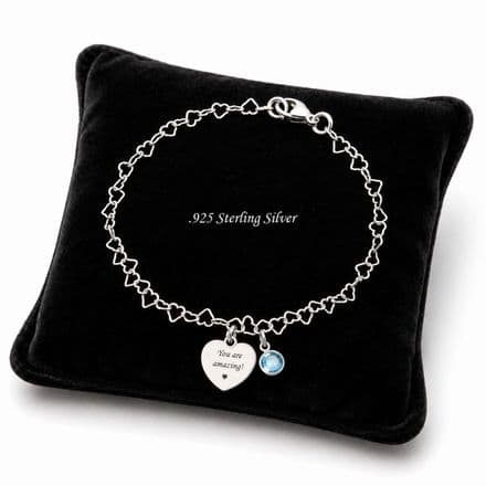 925 Sterling Silver Chain Bracelet, Birthstone,  Personalised Engraving on Heart