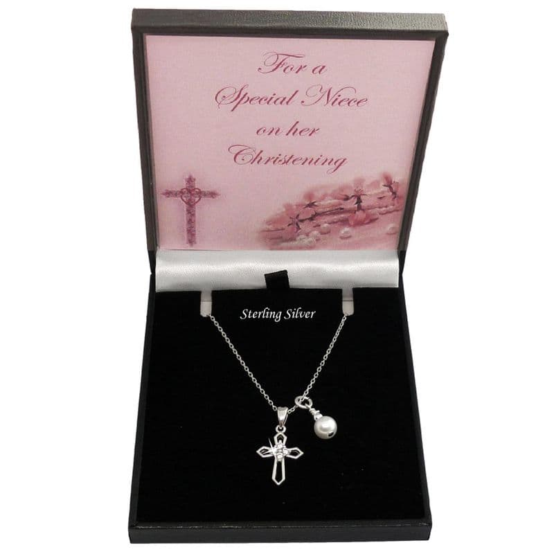 925 Sterling Silver, Christening Day Gift, Cross and Pearl Necklace with Cubic Zirconia |Jewels 4 Girls