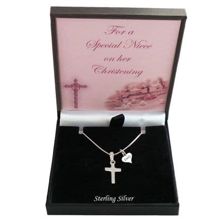 925 Sterling Silver Cross and Heart Necklace, Gift for a Girl's Christening. Personalised
