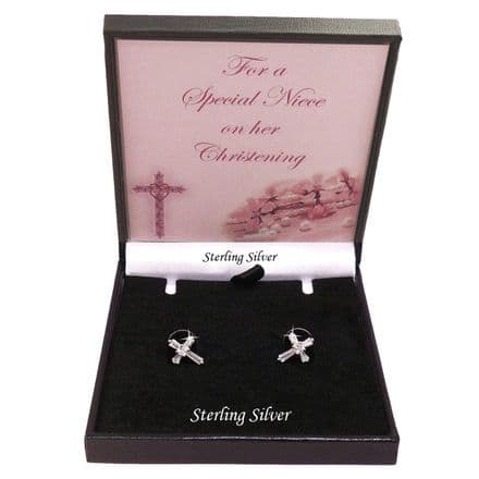 925 Sterling Silver Cross Earrings for a Christening. Crystal, Studs, Gift Boxed