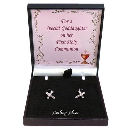 925 Sterling Silver Cross Earrings. Gift, Crystal, Studs, First Holy Communion
