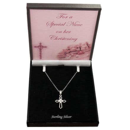 925 Sterling Silver, Cross Necklace with Cubic Zirconia, Gift for a Christening