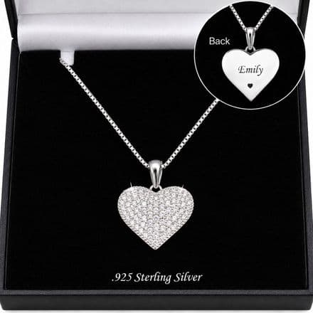925 Sterling Silver Engraved Heart Pendant Necklace with CZ Crystals