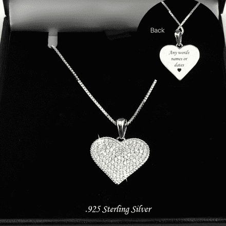 925 Sterling Silver Engraved Heart Pendant Necklace with CZ Crystals