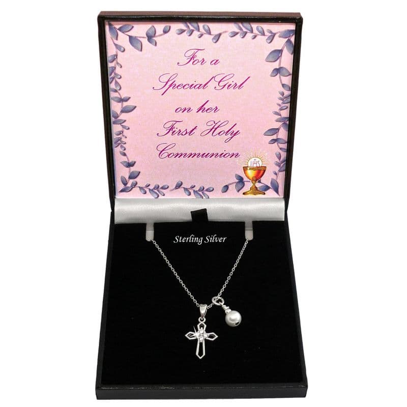 925 Sterling Silver, Gift for a First Holy Communion, Cross and Pearl Necklace with Cubic Zirconia |Jewels 4 Girls