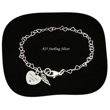925 Sterling Silver Hearts Chain and Angel Wing Bracelet, Any Engraving