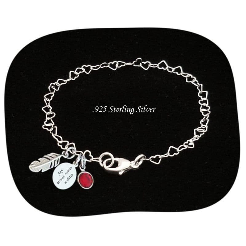 925 Sterling Silver Hearts Chain and Feather Bracelet, Any Engraving | Jewels 4 Girls