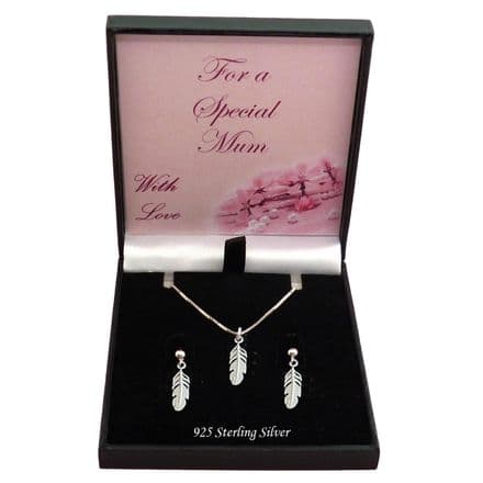 925 Sterling Silver Jewellery Set, Silver Feathers Necklace & Earrings, Gift for Someone Special