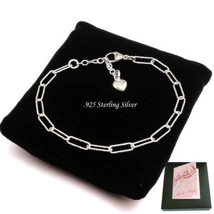 925 Sterling Silver Paperclip Chain Charm Bracelet, Size Adjustable