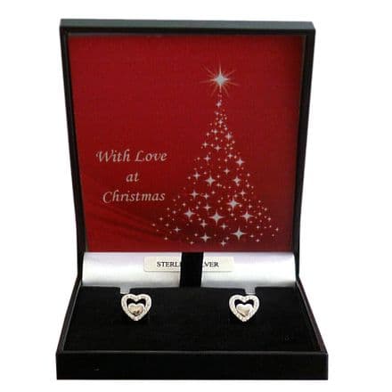925 Sterling Silver, Sparkly, Heart Earrings, Studs, Christmas Gift Boxed