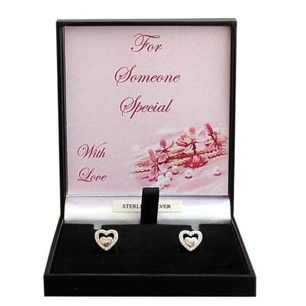 925 Sterling Silver, Sparkly, Heart Earrings, Studs, Gift Boxed