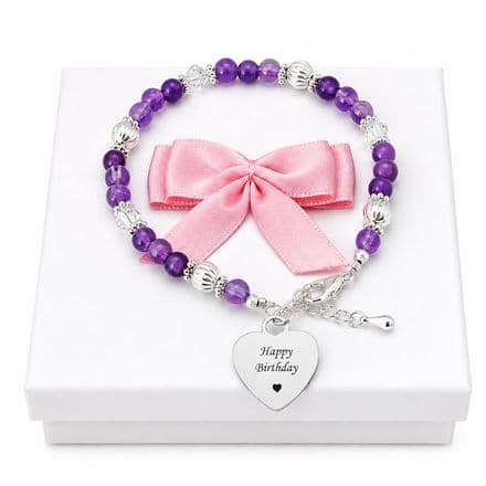 Amethyst Beaded Bracelet with Engraved Heart