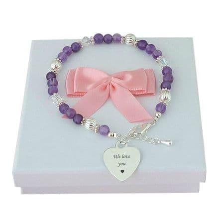 Amethyst Beaded Bracelet with Engraved Heart